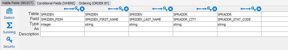 This image shows the Visible Fields options which includes the Visible Fields tab, the Conditional Fields tab, and Ordering tab.